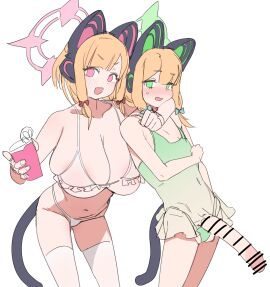1futa 1girls alternate_breast_size big_breasts bikini blonde_hair blue_archive blush breasts busty cat_ear_headphones censor_bar censored censored_penis cleavage clothed clothing duo embarrassed erection fake_tail female futanari green_eyes gya_rb halo headphones headset headwear huge_breasts intersex large_breasts looking_at_viewer midori_(blue_archive) momoi_(blue_archive) mostly_clothed navel no_nostrils open_mouth panties penis pink_eyes short_hair short_hair_with_long_locks siblings simple_background sisters smile swimsuit tail thighhighs white_background