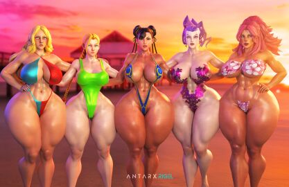 3d abs antarxrigel artist_signature asian asian_female bare_arms bare_legs bare_shoulders bare_thighs beach big_breasts bikini black_hair blonde_hair blue_eyes braided_hair breasts cammy_white capcom chun-li cleavage curvaceous curvy_female eyes female final_fight fit fit_female green_eyes hands_behind_back hourglass_figure italian italian_female kolin_(street_fighter) large_breasts light-skinned_female light_skin looking_at_viewer multiple_females multiple_girls outdoors pink_hair poison_(final_fight) posing purple_hair rose_(street_fighter) street_fighter street_fighter_v sunset thick thick_thighs voluptuous voluptuous_female wide_hips