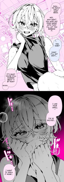 1girls a_boyish_girlfriend_in_high_humidity blush breasts dialogue english_text fangs female female_focus heart heart-shaped_pupils manga open_mouth original original_character ouchi_kaeru pink_background scent scentplay shirt short_hair smell smelling smelly sniffing solo solo_focus steam sweat tomboy towel translated
