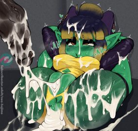 1boy 1girls after_sex after_vaginal cum cum_in_pussy dark-skinned_male dark_skin female goblin goblin_female green-skinned_female green_skin jackie_(durgentamar) male mindbreak neo_hajime original pussy semen shortstack