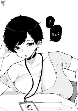 big_breasts black-haired_female black_hair breasts collar curious female female_focus female_only id_card large_boobs large_breasts looking_at_viewer maggot666 norman_maggot office office_clothing office_lady olive_laurentia original short-haired_female short_hair solo solo_female solo_focus talking_to_viewer
