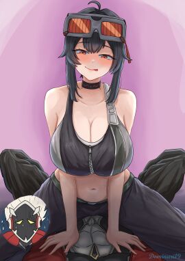 1boy 1girls bedroom_eyes big_breasts billy_kid_(zenless_zone_zero) black_hair blush breasts collar cowgirl_position dominant_female female female_on_top goggles_on_head grace_howard heart-shaped_pupils highres hoyoverse imminent_sex licking_lips light-skinned_female light_skin looking_at_another male midriff naughty_face on_top pale-skinned_female pale_skin robot tongue tongue_out zenless_zone_zero zipper