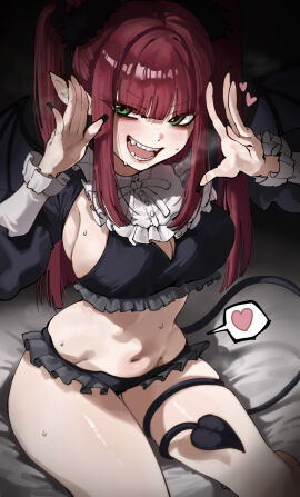 absurdres bare_legs black_bra black_nails black_panties black_shrug bra breasts cleavage commentary_request cosplay demon_girl demon_tail demon_wings doddbdck1103 female green_eyes heart highres kitagawa_marin large_breasts looking_at_viewer navel open_mouth panties purple_hair ribbon rizu-kyun rizu-kyun_(cosplay) shrug_(clothing) sidelocks solo sono_bisque_doll_wa_koi_wo_suru speech_bubble spoken_heart sweat tail tail_around_own_leg tail_wrap teeth thighs twintails underwear white_ribbon wings