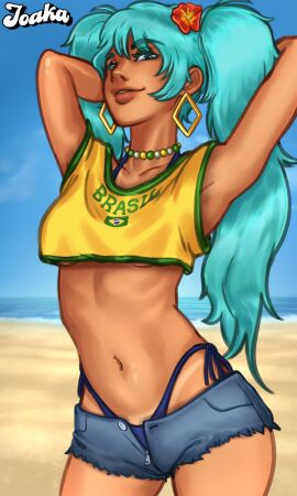 1girls 2d 2d_(artwork) athletic athletic_female beach blue_eyes brazil brazilian brazilian_female brazilian_miku breasts digital_drawing_(artwork) digital_media_(artwork) earrings female female_focus female_only hatsune_miku jean_shorts joakadraws light-skinned_female light_skin long_hair looking_at_viewer medium_breasts necklace panties ponytail pose posing presenting shirt shorts solo solo_focus standing tan-skinned_female tan_body tan_skin tank_top tanline tanlines teal_hair thong_bikini thong_panties twintails underboob underwear vocaloid watermark