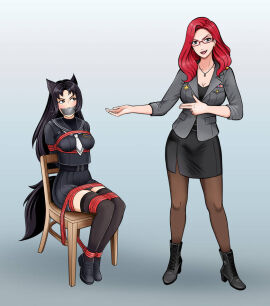 2girls akinasilver commission female gag hilda_narina_(nabselnessa) original sailor_collar school_uniform second-party_source tape_gag tied_to_chair