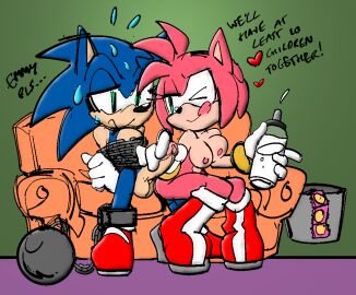 1boy 1girls amy_rose big_penis blue_fur bottle bottomless breasts chained color_edit colored condom_wrapper couch cup english_text female femdom garbage_bin green_eyes handjob heart hedgehog male malesub mostly_nude naked nervous nude penis pink_fur shackles sitting_on_lap sitting_on_leg sonic_(series) sonic_the_hedgehog sonic_the_hedgehog_(series) text tied_up tongue tongue_out topless watatanza wink