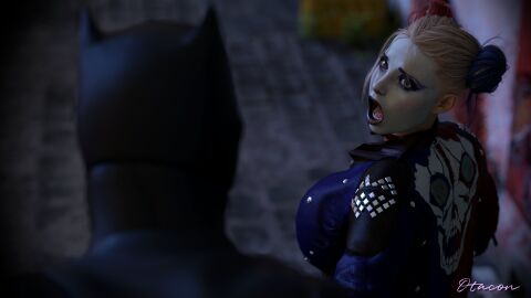 1boy 1girls 3d 3d_(artwork) 4k athletic athletic_female batman batman_(bruce_wayne) batman_(series) behind big_breasts black_lipstick blonde_hair blue_eyes blue_hair breasts bruce_wayne busty clothed clothed_female clown_girl clown_makeup dc dc_comics double_bun dyed_hair eyelashes eyeshadow female harley_quinn harley_quinn_(arkham) harley_quinn_(suicide_squad_game) hi_res human jacket light-skinned_female light_skin lips lipstick makeup male male/female multicolored_hair open_mouth otacon212 pale-skinned_female pale_skin red_hair red_lipstick shocked standing suicide_squad suicide_squad:_kill_the_justice_league suprised three-tone_hair topwear twintails unseen_male_face video_game_character villainess