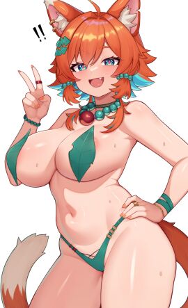 !! 1girls beast belly_button blush breasts diamond-shaped_pupils female female_only green_eyes huge_breasts jewelry leaf_on_breast leafs leaves_on_nipples light-skinned_female light_skin looking_at_viewer monster_girl moursho mozumi_pichi necklace oerba_yun_fang open_mouth orange_hair rings solo sweat symbol-shaped_pupils tail v v-dere virtual_youtuber