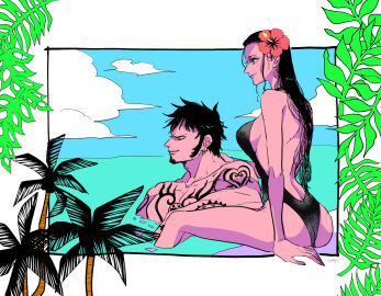 1boy 1girls ass black-haired_female black-haired_male black_hair black_swimsuit breasts female guttari_soushi male nico_robin one_piece pool poolside swimsuit tattoo trafalgar_law