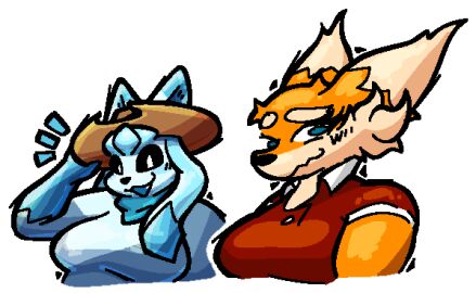 2d 2d_(artwork) 2d_artwork 2girls anthro anthro_only big_breasts black_eyes blue_eyes blue_fur breasts cleavage clothed collared_shirt eeveelution female female_only furry furry_female furry_only game_freak glaceon hat headwear huge_breasts looking_at_viewer mickeon multicolored_fur nil_ace_dark nintendo no_humans open_mouth orange_fur pokemon pokemon_(species) pokémon_(species) red_shirt smirk tagme white_background white_fur white_pupils white_shirt