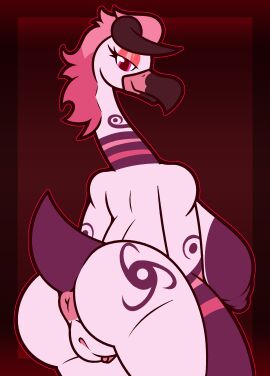 2019 absurd_res anthro anus ass avian beak big_breasts biped bird breasts clitoral_hood clitoris eyelashes eyeshadow female flamingo genitals gradient_background hair hi_res horn huge_breasts ikakins long_neck looking_at_viewer looking_back looking_back_at_viewer makeup multicolored_body nipples non-mammal_breasts nude outline pink_body pink_eyes pink_hair presenting presenting_hindquarters pussy rayleigh_(ikakins) red_outline simple_background solo tail tattoo thick_thighs three-quarter_view two-tone_body y_anus