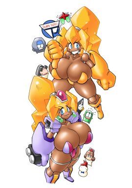 android blue_eyes blush breasts cleavage dark-skinned_female dark_skin female from_above huge_breasts humanoid_robot hyper_breasts official_art razor_(robopon) robopon tamori_hataru thick_thighs