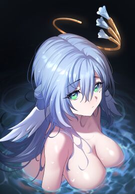 1girls angel_wings bath bathing blue_hair breasts choejeongmin7 female green_eyes halo head_wings honkai:_star_rail large_breasts long_hair marking_below_eyes nude nude_female partially_submerged robin_(honkai:_star_rail) solo solo_female solo_focus submerged water wings