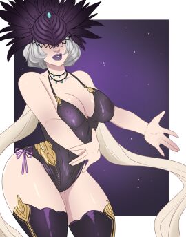 1girls amaamaranth big_breasts breasts european_mythology female female_only goddess hi-rez_studios light-skinned_female light_skin mythology nox_(smite) pinup roman_mythology see-through see-through_clothing smite solo stockings thick_thighs thighhighs voluptuous voluptuous_female white_hair wide_hips