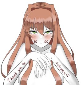 bare_shoulders blush blush_lines blushing breasts doki_doki_literature_club embarrassed embarrassed_naked_female embarrassed_nude_female enf female green_eyes hair_covering_breasts long_hair mhmundead miham_moni monika_(doki_doki_literature_club) naked nude oham_yuri