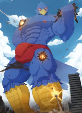 absurd_res aircraft airplane anthro avian beak bird blue_body blue_feathers building bulge city clothing destruction detailed_bulge explosion falco_lombardi feathers genital_outline green_eyes helicopter hi_res looming low-angle_view macro male mammal military muscular muscular_male nintendo secretz soldier solo speedo star_fox swimwear tank vehicle warrior