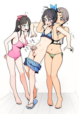 1boy 2girls angry balls bar_censor barefoot bikini blue_eyes blush bow breasts censored crossdressing feet female femboy flip-flops flustered green_eyes grey_hair hairbow hairclip holding huge_breasts kusi_zaki legs long_hair looking_at_another male masturbation oerba_yun_fang red_eyes shaking short_hair testicles toes