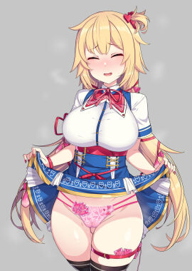 absurdres akai_haato akai_haato_(1st_costume) black_thighhighs blonde_hair blue_skirt blush bra breasts cameltoe closed_eyes clothes_lift condom condom_wrapper exhibitionism female floral_print flower_panties gozaru hair_ribbon highres hololive hololive_gen_1 hololive_japan large_breasts lingerie long_hair looking_at_viewer nervous_smile panties pink_panties pussy pussy_juice red_nails red_ribbon ribbon sex_toy skirt skirt_lift smile solo standing string_panties sweat thigh_strap thighhighs thighs underwear used_condom vibrator vibrator_in_thigh_strap vibrator_under_clothes vibrator_under_panties virtual_youtuber