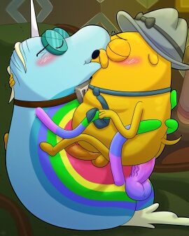 absurd_res adventure_time anal anal_sex anthro balls blue_body blush bob_rainicorn canid canine cartoon_network clothed clothing duo equid equine genitals hand_holding hat headgear headwear hi_res horn joshua_the_dog kiss_on_lips kissing leothelionel male male/male mammal multicolored_body mythological_creature mythological_equine mythology neckwear nude partially_clothed penetration penis rainbow_body rainicorn sitting slightly_chubby slightly_chubby_male unicorn yellow_body