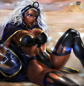 1girls ass big_ass big_breasts black_cape black_one-piece_swimsuit black_thighhighs blue_eyes bodysuit breasts cape cleavage clothing cloud covered_navel dark-skinned_female dark_skin desert earrings electricity female female_only glowing glowing_eyes highleg jewelry large_breasts legwear leotard lightning lips lipstick logan_cure long_hair looking_at_viewer makeup marvel marvel_comics multicolored_hair one-piece_swimsuit ororo_munroe outdoors red_lips sand shiny shiny_clothes sitting sky solo solo_female storm_(x-men) superhero swimsuit tagme thick thick_ass thick_thighs thighhighs thighs torn_clothes torn_thighhighs voluptuous voluptuous_female white_hair wide_hips x-men x-men_97