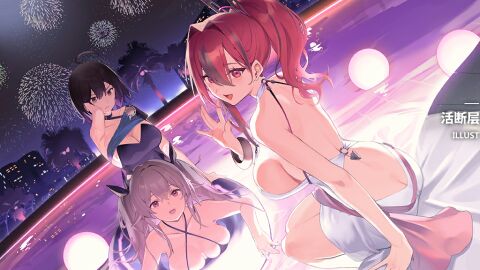 3girls ahoge alternate_costume anchorage_(azur_lane) ass ass_crack azur_lane backless_dress backless_outfit baltimore_(azur_lane) bare_shoulders bikini black_bikini black_hair bracelet breasts bremerton_(azur_lane) brown_hair butt_crack cg choker cleavage criss-cross_halter dress dutch_angle evening_gown female fireworks grey_hair hair_between_eyes hair_ornament halter_dress halterneck jewelry large_breasts long_hair looking_at_viewer medium_breasts multicolored_hair multiple_females multiple_girls night night_sky official_alternate_costume official_art open_mouth outdoors pink_eyes pink_hair ponytail pool purple_eyes red_eyes red_hair seele_vollerei short_hair sideboob sidelocks sitting sky sleeveless smile streaked_hair swimsuit tongue tongue_out twintails two-tone_hair water