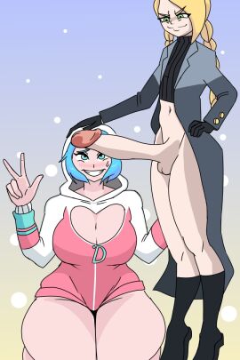 big_breasts blonde_hair blue_eyes breasts flat_chest futanari green_eyes intersex massive_penis no_panties penis penis_on_face small_dom_big_sub