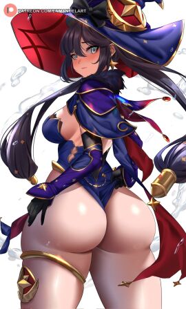 1girls ass black_hair breasts bubble_ass bubble_butt enmanuelart20 female genshin_impact hat higher_resolution_available highleg_leotard huge_ass huge_breasts large_breasts large_hat leotard light-skinned_female light_skin long_hair mona_(genshin_impact) solo_female thick_thighs twintails wide_hips witch_hat
