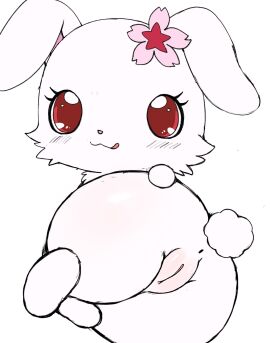 accessory anthro anus ass azuo big_ass big_butt blush female flower flower_in_hair fur genitals hair hair_accessory hand_on_ass hand_on_butt hi_res jewelpet jewelpet_(species) lagomorph leporid licking licking_lips looking_at_viewer looking_back looking_back_at_viewer lying mammal on_side plant presenting presenting_hindquarters presenting_pussy pussy rabbit red_eyes ruby_(jewelpet) sanrio sega sega_fave sega_toys semi-anthro simple_background solo tongue white_background white_body white_fur