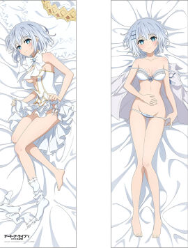 armpit_crease bare_arms bare_legs bare_shoulders bare_thighs barefoot bed_sheet blue_eyes blush body_blush bow_panties bra breasts cleavage closed_mouth collarbone dakimakura dakimakura_design date_a_live detached_collar feet female groin hand_on_own_belly knees_together_feet_apart lying medium_breasts official_art on_side panties panty_pull short_hair skirt skirt_lift smile socks strap_slip thighs tobiichi_origami toes underboob underwear unworn_shirt unworn_socks white_bra white_dress white_hair white_panties white_socks