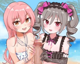 1boy 2girls absurdres beach bikini black_bikini black_gloves blurry blurry_background breasts brown_eyes censored cleavage commission cooperative_handjob criss-cross_halter drill_hair elbow_gloves ffm_threesome fingernails gloved_handjob gloves grey_hair group_sex halterneck handjob highres idolmaster idolmaster_cinderella_girls jougasaki_mika kanzaki_ranko kuroshiro_(lilymofumofu) large_breasts long_fingernails long_hair looking_at_viewer mosaic_censoring multiple_girls nail_polish open_mouth outdoors paid_reward_available penis pink_eyes pink_hair pink_nails skeb_commission swimsuit teamwork_(sexual) teeth threesome twintails upper_teeth_only white_bikini