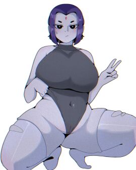 ass big_ass big_breasts big_butt big_nipples big_thighs big_titties breasts clothing curvaceous curvaceous_female curvaceous_figure curvy curvy_figure curvy_hips dayronz1 dc dc_comics female female_focus female_only foot_fetish grey_skin leotard looking_at_viewer nipples nipples_visible_through_clothing purple_eyes purple_hair raven_(dc) short_hair