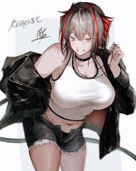 1girls arknights black_panties breasts cowboy_shot donatasamade female female_only large_breasts light-skinned_female light_skin open_clothes open_fly open_shorts red_horns shorts smile solo w_(arknights) white_hair white_tank_top