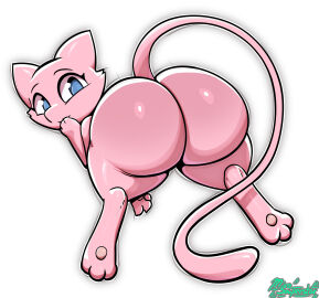 2d 2d_(artwork) anonymous_gender artist_name artist_signature ass blank_background bubble_ass bubble_butt caked_up feminine furry mew mew_(pokemon) miso_souperstar pink_body pokemon pokemon_(species)