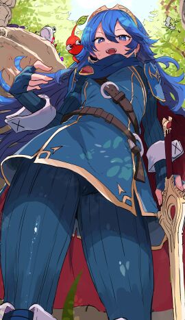 1girls absurdres belt belt_buckle blue_cape blue_eyes blue_gloves blue_hair blue_pikmin blush brand_of_the_exalt breasts brown_belt buckle bulborb cameltoe cape creature creature_on_shoulder crossover falchion_(fire_emblem) female fingerless_gloves fire_emblem fire_emblem_awakening from_below gloves highres holding ishijimajirou leather_belt long_hair looking_at_viewer lucina_(fire_emblem) nintendo on_shoulder open_mouth outdoors pikmin pikmin_(creature) pikmin_(series) pikmin_(species) png purple_pikmin pussy red_cape red_pikmin ribbed_pants ribbed_sleeves small_breasts smile super_smash_bros. sweat sweatdrop sword thighs tiara tree two-tone_cape weapon wrist_cuffs yellow_pikmin