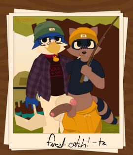 anthro avian balls beak beanie beer_bottle big_penis bird blush blush_lines bottle bottomless cigarette cigarette_in_mouth clothed clothing collar container darker_balls digital_media_(artwork) duo erection eyewear fishing_rod foreskin frottage fur genitals glasses hat headgear headwear hi_res hug humanoid_genitalia humanoid_penis looking_at_viewer male male/male mammal object_in_mouth outdoor_nudity outside overalls_down partially_clothed partially_retracted_foreskin penile penis penises_touching photo_background photography_(artwork) polaroid_photo procyonid public public_nudity public_sex raccoon retracted_foreskin sex smile tail text tkraccoon uncircumcised webfishing
