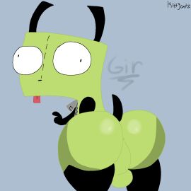 anthro anus ass balls big_ass big_balls big_butt big_penis black_arms black_body black_ears black_legs black_tail canid canine canis disguise domestic_dog ears_up fingers genitals gir_(invader_zim) green_body grey_zipper hi_res huge_ass huge_balls huge_butt huge_cock huge_eyes invader_zim kittycatz lines_on_body looking_at_viewer looking_back machine male male/male mammal nickelodeon penis robot solo standing tail tongue tongue_out watermark zipper