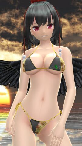 1girls 2023 3d belly_button bikini black-haired_female cleavage clouds female hati_yukkuri_mmd light-skinned_female light_skin looking_at_viewer mmd mountain_of_faith outside red_eyes sea shameimaru_aya short-haired_female sky smiling_at_viewer solo_female solo_focus sunset swimsuit tengu tokin_hat touhou water wings