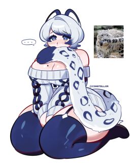 bare_shoulders biting biting_tail blush breasts cat_ears cat_tail claire_(constellor) cleavage constellor female large_breasts snow_leopard stockings sweater thick_thighs white_hair wide_hips