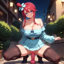 1girls ai_generated bare_shoulders belt blunt_bangs breasts bush cleavage collarbone detached_sleeves dildo dildo_riding dress female full_body huge_dildo imminent_penetration lipstick long_sleeves looking_at_viewer makeup medium_breasts night no_panties off-shoulder_dress outdoors pleated_dress pokemon pokemon_(species) pussy sex_toy shoes skyla_(pokemon) smile solo spread_legs strapless strapless_dress tagme thighhighs video