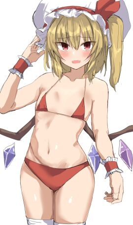 1girls bare_shoulders bikini blonde_hair blush breasts cowboy_shot crystal curvy curvy_figure curvy_hips fangs female flandre_scarlet furrowed_brow golgi_hon hair_between_eyes hand_up hat hips leaning_to_the_side looking_at_viewer mob_cap navel one_side_up open_mouth ponytail red_bikini red_eyes red_ribbon ribbon short_hair simple_background skin_fang small_breasts solo swimsuit swimwear thick_thighs thighhighs touhou tsurime white_background white_hat white_thighhighs wings wrist_cuffs
