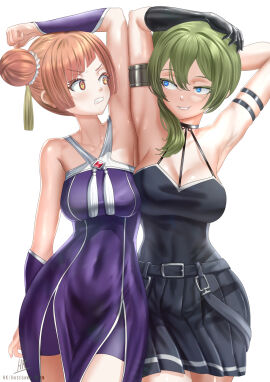 angry angry_expression angry_face arm armpits armpits_fetish artist_request breasts catfight choker comparing comparison detailed double_bun dressed female frieren_beyond_journey's_end ginger ginger_hair green_hair huge_breasts laufen_(sousou_no_frieren) lewd sousou_no_frieren stare tagme ubel_(sousou_no_frieren) white_background yuri