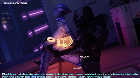 3d alien alien_genitalia alien_girl alien_humanoid asari comic comic_page english english_text female huge_cock knot liara_t'soni male mass_effect penis turian vikhlop