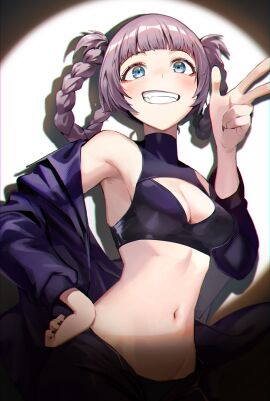 1girls absurd_res absurdres adult adult_female arm_up armpit armpit_crease armpit_peek armpits bare_armpits bare_belly bare_hands bare_hips bare_midriff bare_navel bare_shoulders bare_skin belly belly_button black_fingernails black_nail_polish black_nails blue-eyed_female blue_eyes blunt_bangs braid braided_hair braided_twintails breasts cleavage coat collarbone covered_nipples dot_nose exposed exposed_armpits exposed_belly exposed_midriff exposed_shoulders female female_only fingernails fingers grin grinning grinning_at_viewer hairless_armpits hand_on_hip hand_on_own_hip hand_up high_resolution highres jacket kawa683 lean_figure light-skinned_female light_skin lips long_hair looking_at_viewer looking_down looking_down_at_viewer mature_female medium_breasts nail_polish nails nanakusa_nazuna narrow_waist navel open_coat open_jacket open_topwear peace_sign petite petite_body petite_female purple-haired_female purple_coat purple_eyebrows purple_hair purple_jacket purple_topwear shaved_armpits shoulders sideboob sign simple_background skinny skinny_female skinny_waist slender_body slender_waist slim_female slim_waist smile smiley_face smiling smiling_at_viewer smirk smooth_armpits smooth_skin smug_grin solo spotlight standing thin_waist topwear twintails underboob upper_body v v-line v_sign vampire white_background wide_hips yofukashi_no_uta