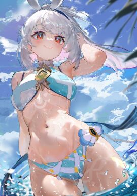 1girls 2024 2d 2d_(artwork) artist_request belly_button blue_swimsuit breasts clouds day female female_focus female_only front_view genshin_impact high_heels high_resolution highres light-skinned_female light_skin long_hair looking_at_viewer medium_breasts mualani_(genshin_impact) navel orange_hair outdoors sky slim_female smiling smiling_at_viewer solo solo_female solo_focus standing standing_in_water swimsuit thong thong_bikini two_piece_swimsuit water wet wet_body white_hair young younger_female