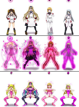 absurdres androgynous before_and_after bimbofication blonde_hair blush brown_hair cecilia_alcott charlotte_dunois eyepatch female femsub flat_chest garter_belt garter_straps glowing glowing_eyes haigure happy_trance high_heels huang_lingyin hypnotic_beam infinite_stratos latex laura_bodewig leotard long_hair multiple_females multiple_girls open_mouth pink_eyes sequence short_hair simple_background thighhighs transformation twintails white_hair