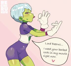 1girls animated beerus bodysuit cheelai dialogue dragon_ball dragon_ball_super dragon_ball_z edit english_text fellatio_gesture female from_side gloves green_skin grey_body handjob_gesture looking_at_viewer naughty_face oral_with_prostate_stimulation prostate_massage_gesture rechiru rechitv short_hair suggestive suggestive_gesture text tongue tongue_out white_hair