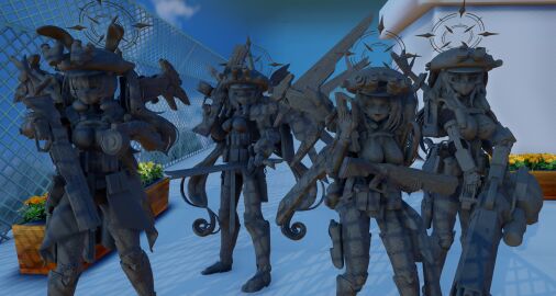 3d 3girls bra breasts cleavage female hat large_breasts medium_breasts nipples original original_character petrification petrified ripsaw72a3 statue sword thighhighs thighs