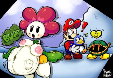 ! 1boy 1girls 2others ambiguous_gender anthro artist_name big_breasts black_eyes breasts brown_hair burp burping facial_hair female flower flower_girl hat heart huge_thighs human leaves male mario mario_(series) mob_face moneybag_(mario) mustache mysticemerald_(artist) nipples nitrobutter nude nude_female overalls penguin_(mario) pink_nipples plant plant_girl plant_humanoid spindrift struggling_prey super_mario_64 vore vore_belly white_skin