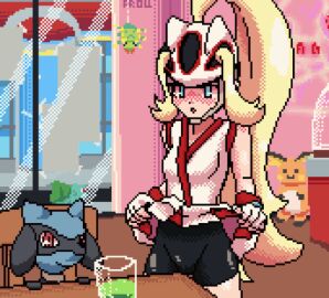 1girls animated bike_shorts blonde_hair bulbasaur clothed_masturbation corner_masturbation crotch_rub female froll humping korrina_(pokemon) lifted_by_self lifting_own_clothes masturbation masturbation_through_clothes masturbation_through_clothing pixel_art pokemon pussy raichu riolu rubbing_pussy rubbing_pussy_through_clothing spinarak table_humping