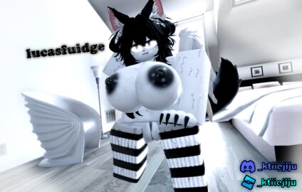 3d bedroom big_breasts black_hair black_nipples black_pussy black_tail breasts ear eyes female fur furry furry_female furry_only ktiiejiju_(artist) lucasfuidge neko paws pussy roblox roblox_avatar robloxian self_upload socks tail white_body